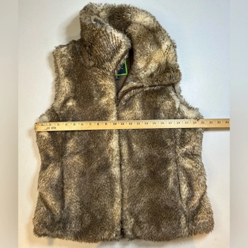 C Wonder Faux Fur Vest Womens Large Brown Tan Full Zip‎ Collar Turtleneck